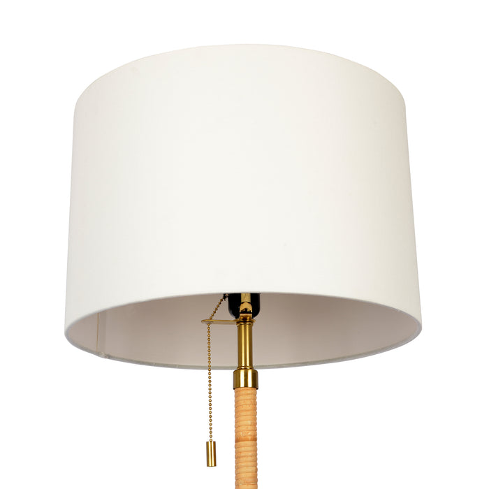 Stellar Wood Rattan Tube , Gold Brass Metal and White Linen Shade Floor Lamp