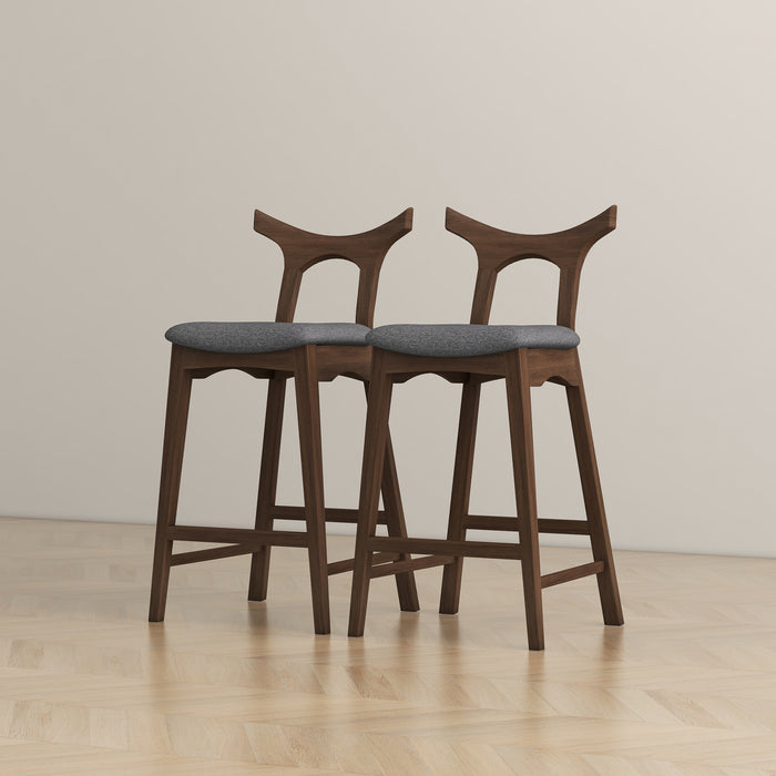 Dorane Solid Wood Frame Grey Fabric Upholstered Bar Stool - Set of 2