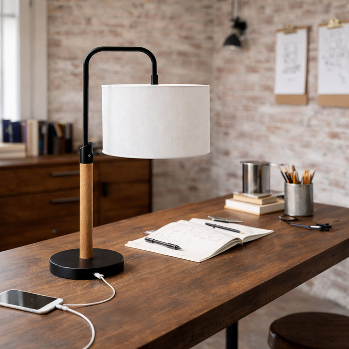 Arcus Paniz Table Lamp | Metal Swirl & Cylinder Shade