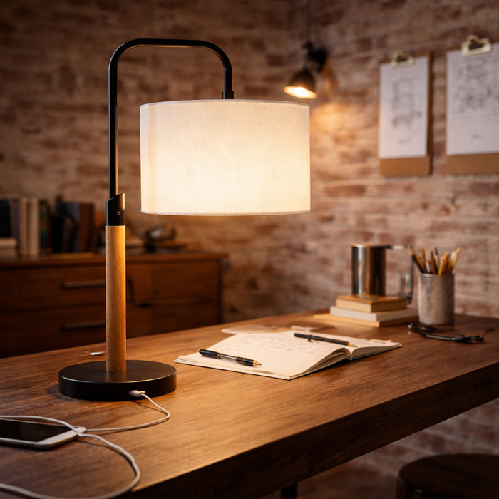 Arcus Paniz Table Lamp | Metal Swirl & Cylinder Shade
