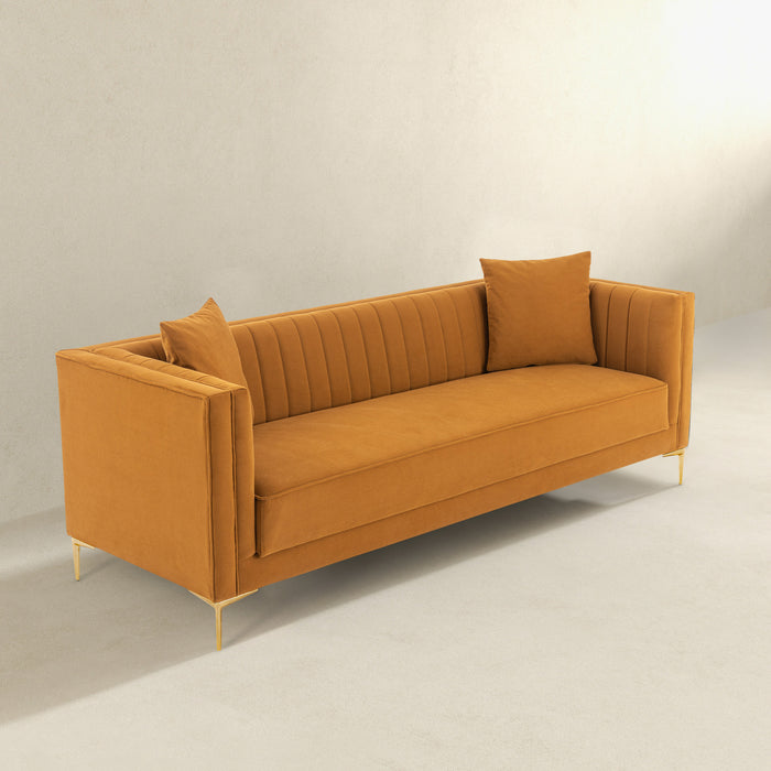 Lewis Velvet Sofa | Cognac Channel-Tufted Sofa with Gold Legs | Ashcroft Imports Furniture