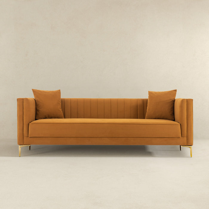 Lewis Velvet Sofa | Cognac Channel-Tufted Sofa with Gold Legs | Ashcroft Imports Furniture