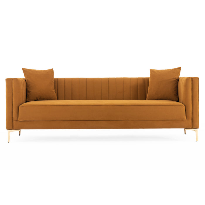 Lewis Velvet Sofa | Cognac Channel-Tufted Sofa with Gold Legs | Ashcroft Imports Furniture