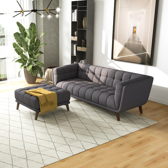 Addison Tufted Square Ottoman | Dark Grey Upholstery | Mid-Century Solid Wood Legs | Ashcroft Imports Furniture