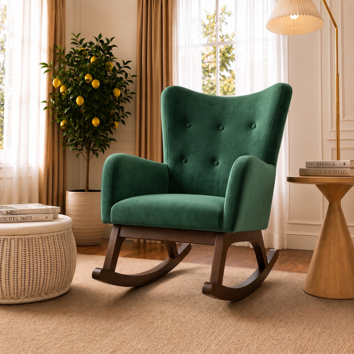 Alistair Modern Rocking Chair | Green Velvet & Solid Wood Base | Ashcroft Imports Furniture