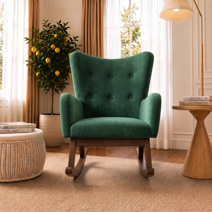 Alistair Modern Rocking Chair | Green Velvet & Solid Wood Base | Ashcroft Imports Furniture