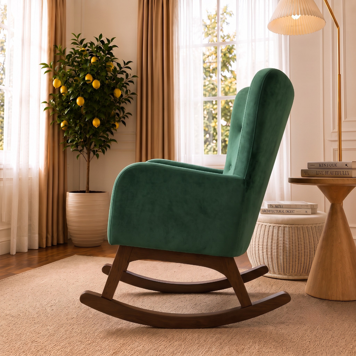 Alistair Modern Rocking Chair | Green Velvet & Solid Wood Base | Ashcroft Imports Furniture