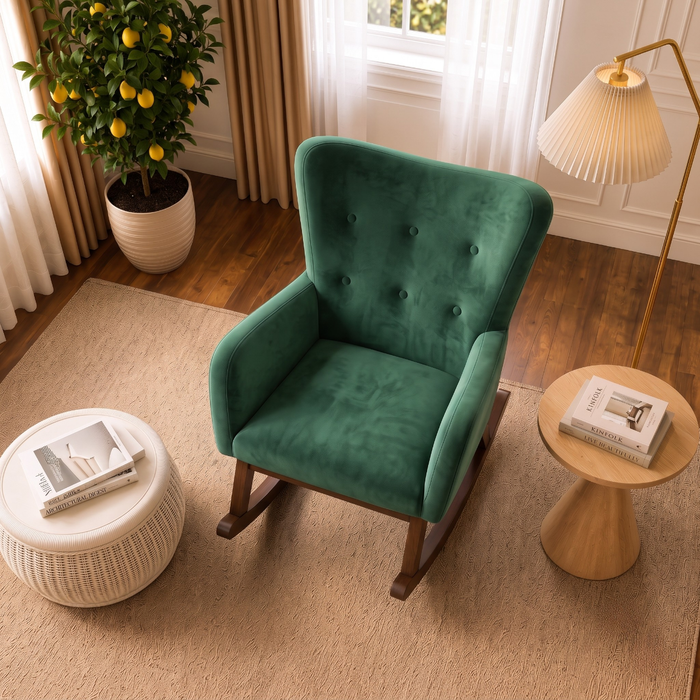 Alistair Modern Rocking Chair | Green Velvet & Solid Wood Base | Ashcroft Imports Furniture