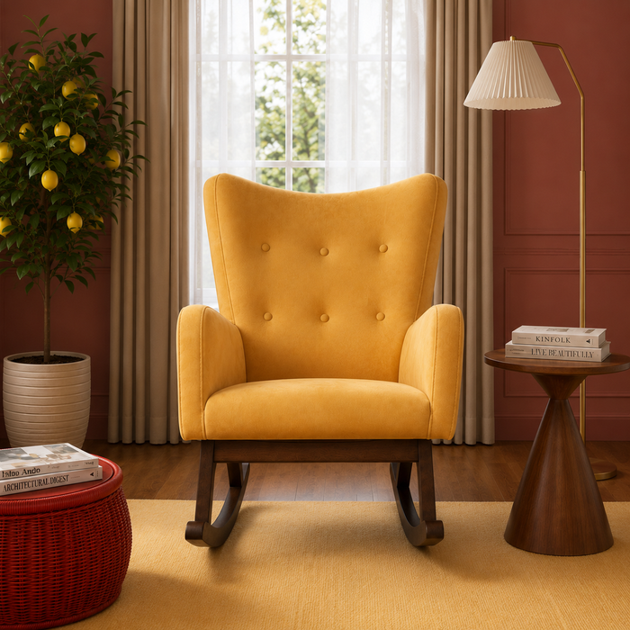 Alistair Modern Rocking Chair | Yellow Velvet & Solid Wood Base | Ashcroft Imports Furniture