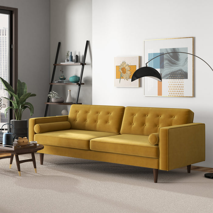 Casey Tufted Back Dark Yellow Velvet Upholstered Sofa