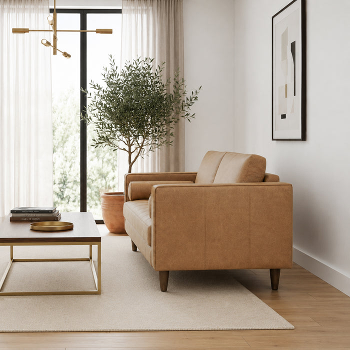 Catherine Mid-Century Modern Genuine Tan Leather Loveseat | Ashcroft Imports Furniture