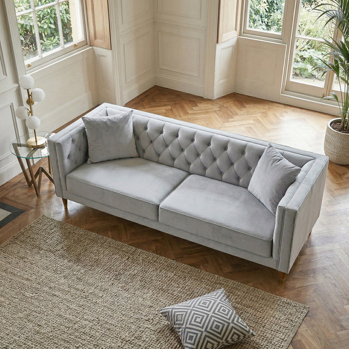 Chalky Living Room Tufted Velvet Upholstered Couch in Light Gray