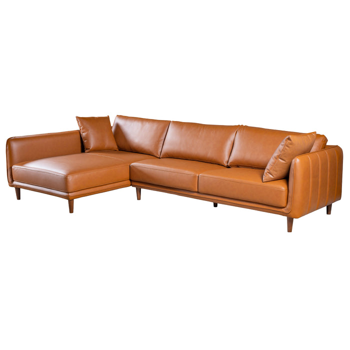Monroe Mid-Century Modern Cognac Vegan Leather Left Sectional Sofa | Ashcort Imports Furniture