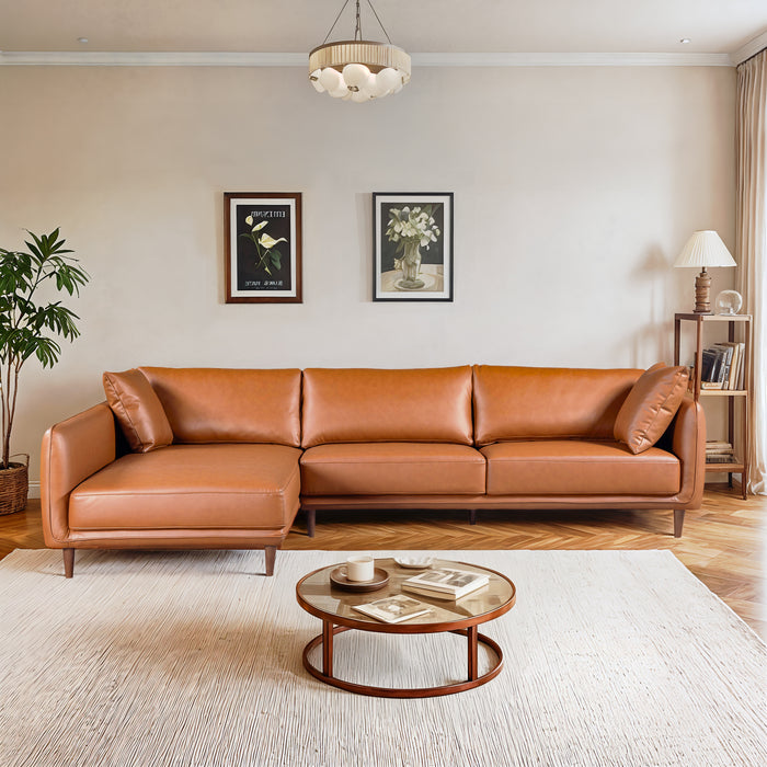 Monroe Mid-Century Modern Cognac Vegan Leather Left Sectional Sofa | Ashcort Imports Furniture