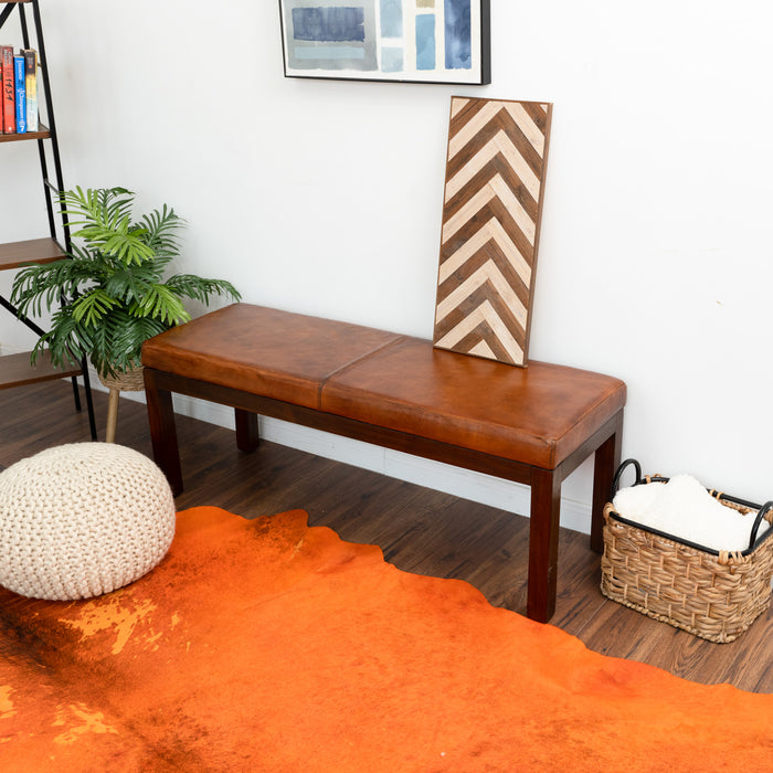 Austin Antique Tan Leather Bench with Lines