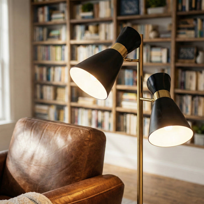 Axis Brassed Gold Floor Lamp | Double Spot Lights &amp; 4-Way Switch