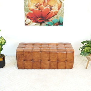 Charmen Mid-Century Modern Rectangular Genuine Leather Upholstered Bench in Tan