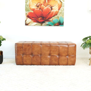 Charmen Mid-Century Modern Rectangular Genuine Leather Upholstered Bench in Tan