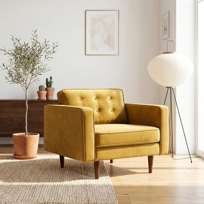 Casey Mid-Century Modern Pillow Back Velvet Upholstered Armchair in Gold