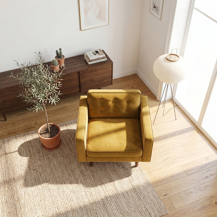 Casey Mid-Century Modern Pillow Back Velvet Upholstered Armchair in Gold