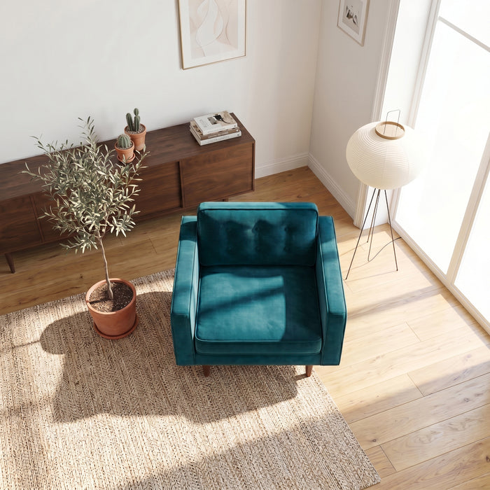 Casey Mid-Century Modern Pillow Back Velvet Upholstered Armchair in Teal