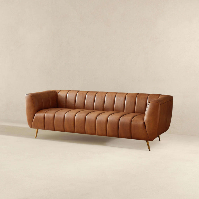 Ava Genuine Italian Cognac Leather Channel Tufted Sofa