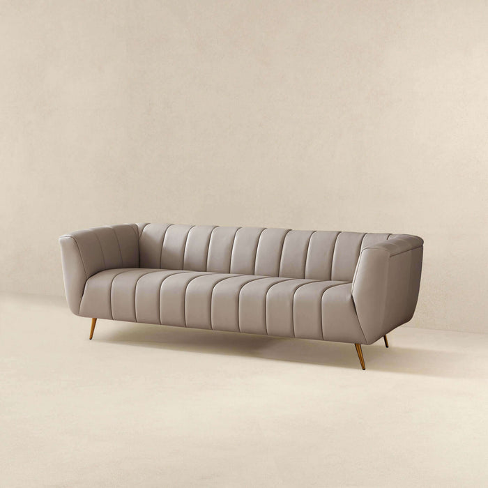 LaMattina Genuine Italian Grey Leather Channel Tufted Sofa