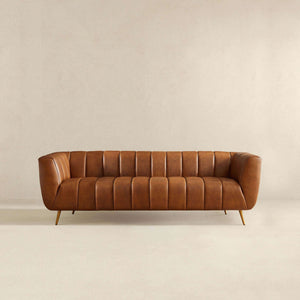 Ava Genuine Italian Tan Leather Channel Tufted Sofa