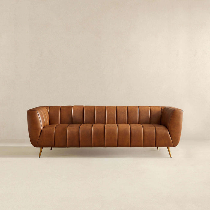 Ava Genuine Italian Cognac Leather Channel Tufted Sofa