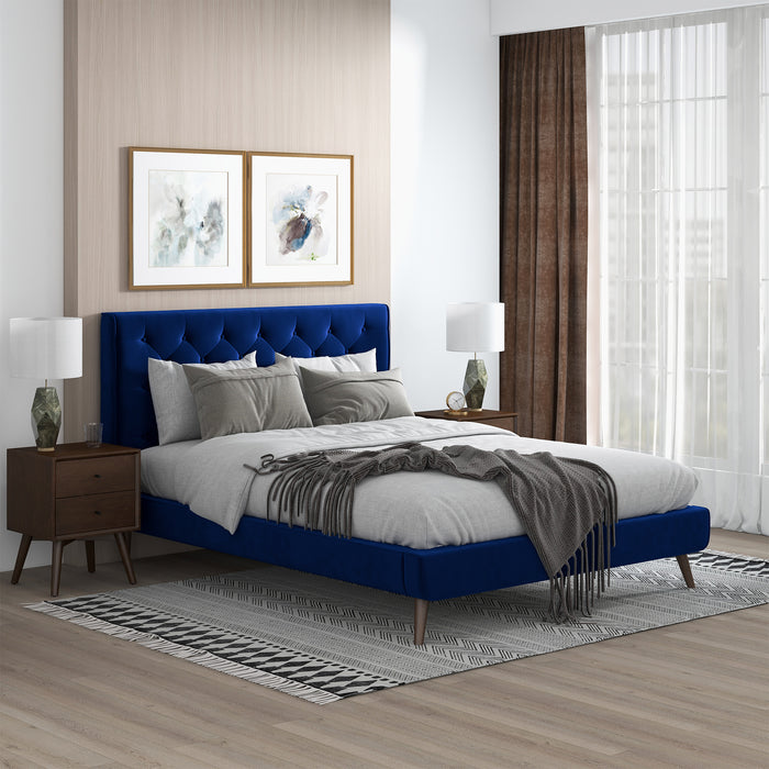 Dillon Blue Velvet Platform Bed (Queen Size)