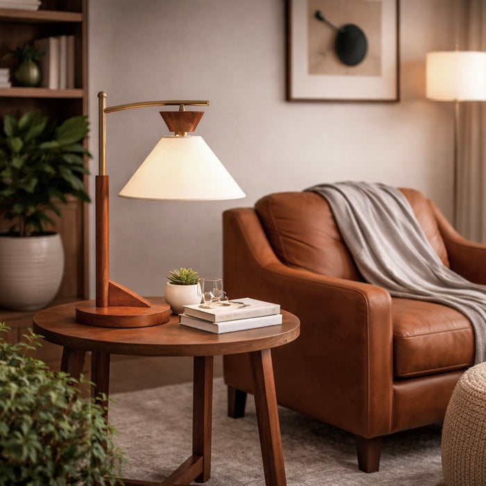 Dreamlight Table Lamp, Brown Solid Wood Base with Elegant Cone Linen Shade
