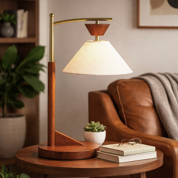 Dreamlight Table Lamp, Brown Solid Wood Base with Elegant Cone Linen Shade