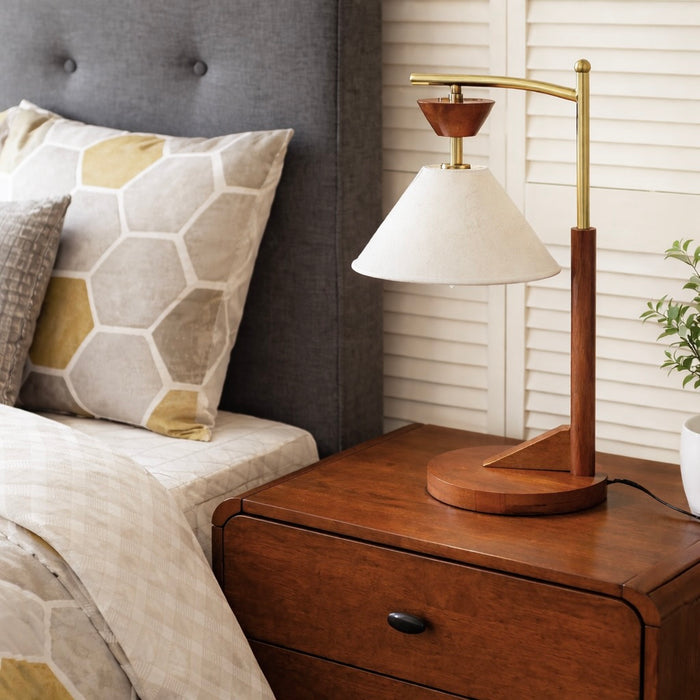 Dreamlight Table Lamp, Brown Solid Wood Base with Elegant Cone Linen Shade