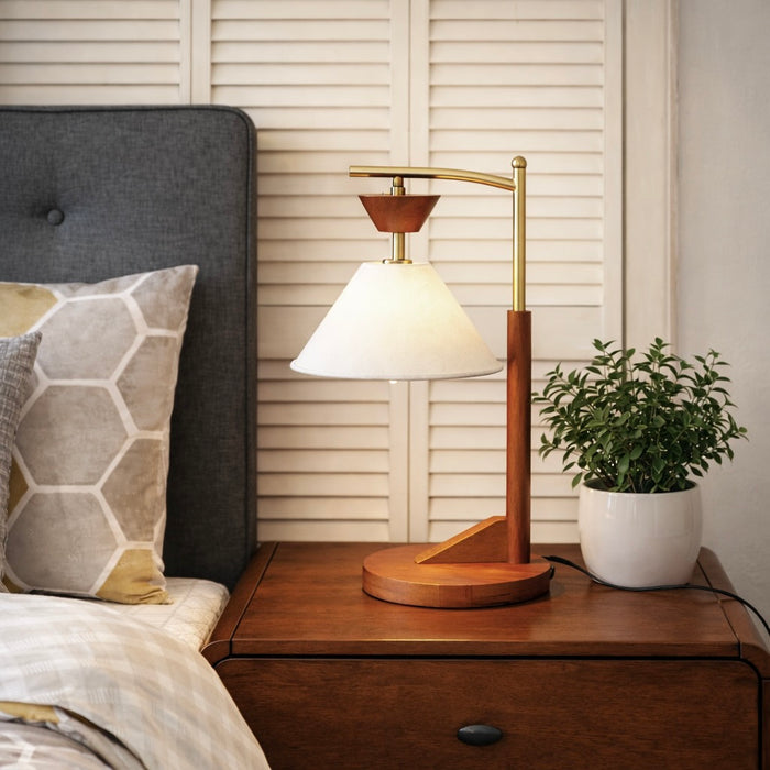 Dreamlight Table Lamp, Brown Solid Wood Base with Elegant Cone Linen Shade