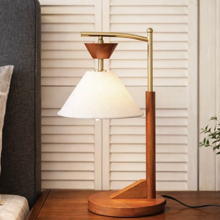 Dreamlight Table Lamp, Brown Solid Wood Base with Elegant Cone Linen Shade