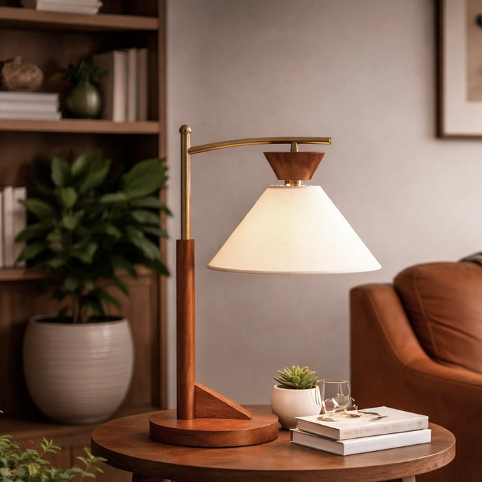 Dreamlight Table Lamp, Brown Solid Wood Base with Elegant Cone Linen Shade
