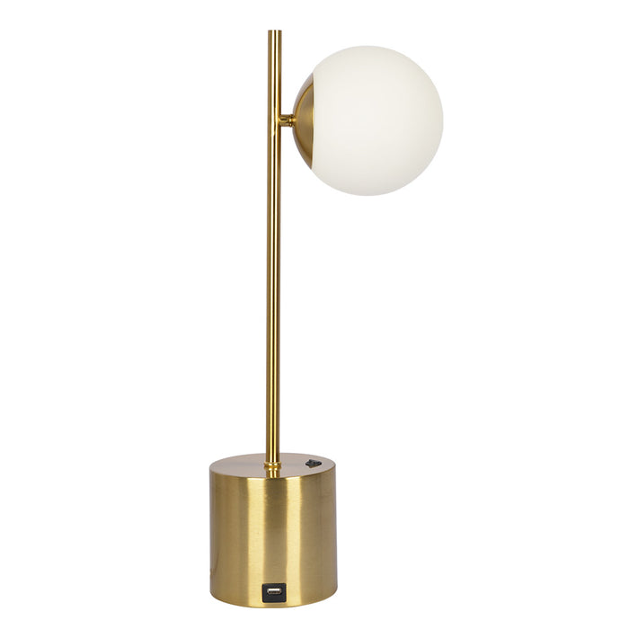 Ethereal Modern Small Brass Metal Table Lamp, Desk Lamp Fixture with White Glass Globe Shade