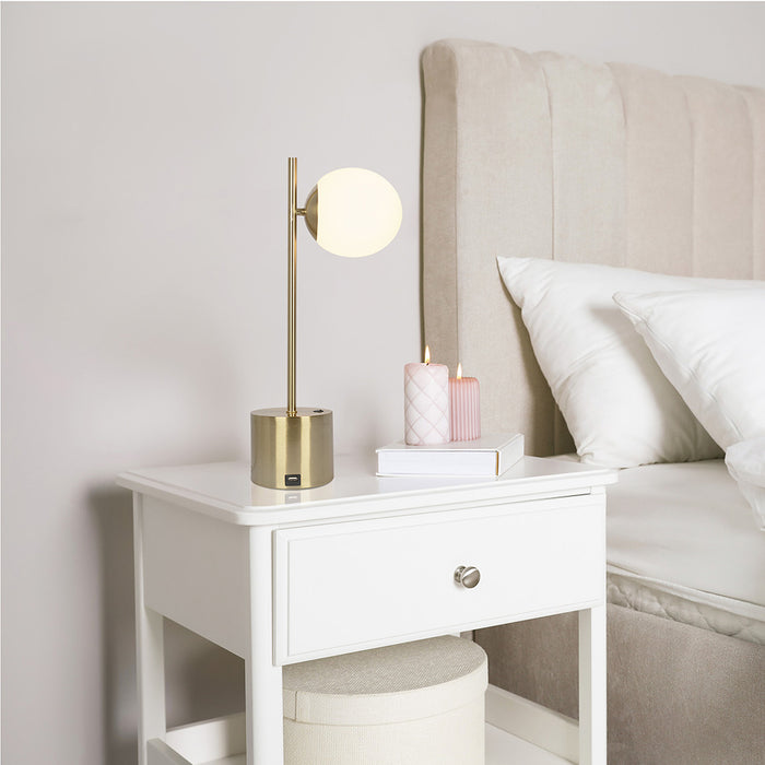 Ethereal Modern Small Brass Metal Table Lamp, Desk Lamp Fixture with White Glass Globe Shade
