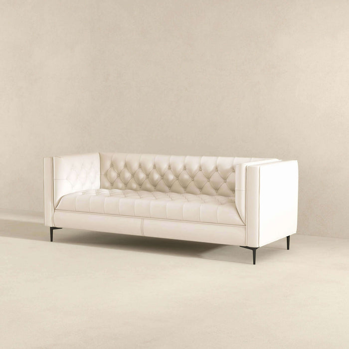 Evelyn Mid Century Modern Cream Leather Luxury Chesterfield Sofa