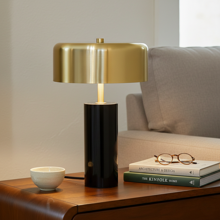 Kinetic Table Lamp | Lustrous Gold Drum & Sleek Black Base | Ashcroft Imports Furniture