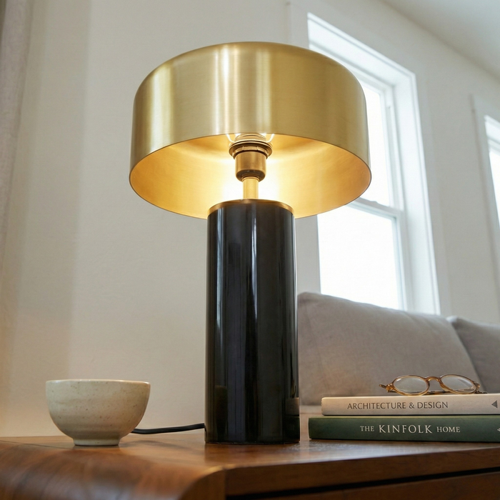 Kinetic Table Lamp | Lustrous Gold Drum & Sleek Black Base | Ashcroft Imports Furniture