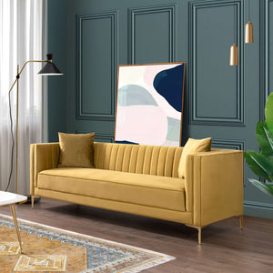 Angelina Mid-Century Modern Yellow Mustard Velvet  Tufted Sofa