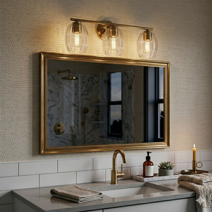 Luster Three Lights Vanity With Clear Glass Mirror Wall Lamp - Satin Brass
