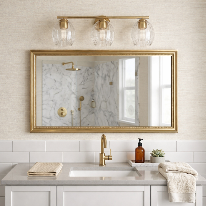 Luster Three Lights Vanity With Clear Glass Mirror Wall Lamp - Satin Brass
