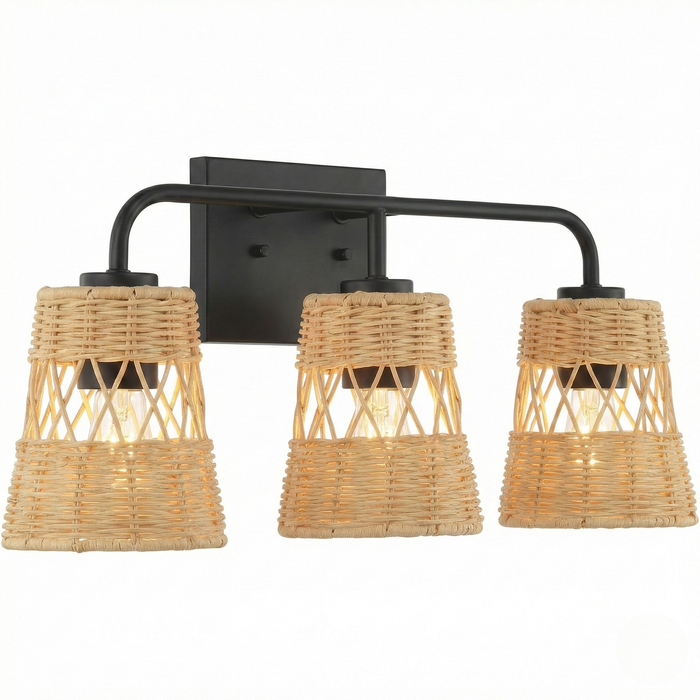 Moonlit Three Lights Wall Sconce With Rattan Shade, Bathroom Lighting Fixtures Over Mirror