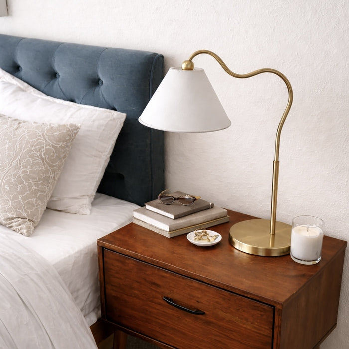 Ornate Brass Ring Base Curved Table Lamp with Triangle White Drum Shade