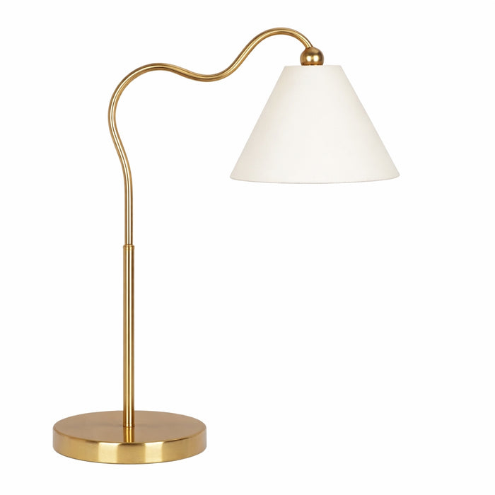 Ornate Brass Ring Base Curved Table Lamp with Triangle White Drum Shade