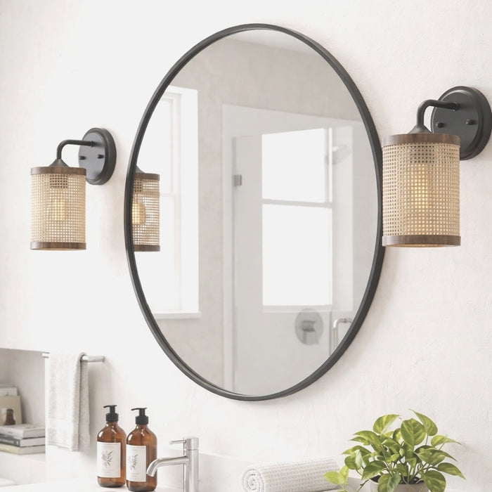 Reef 1-Light Rattan Wall Sconce with Black Metal Finish