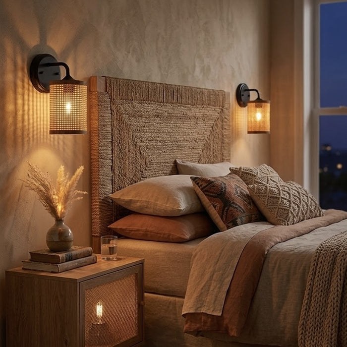 Reef 1-Light Rattan Wall Sconce with Black Metal Finish