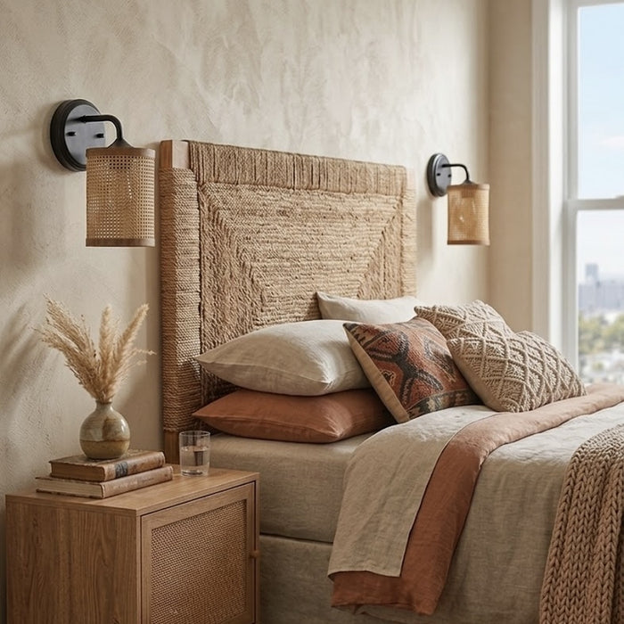 Reef 1-Light Rattan Wall Sconce with Black Metal Finish